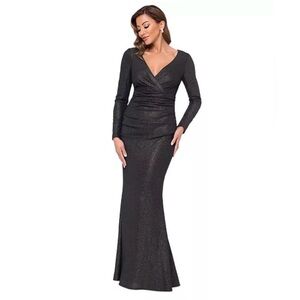 XSCAPE Women's Ruched Foil-Knit Long-Sleeve Formal Gown Black/Gold 10 New